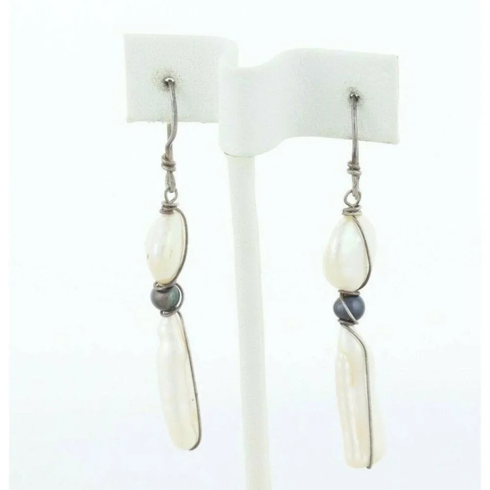 Sterling Silver White and Black Pearl Earrings Dangle Drop Earrings - Picture 6 of 7
